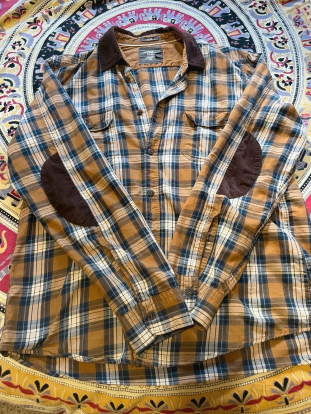 H&M Mustard and Navy Plaid Button-Down with Brown Elbow Patches